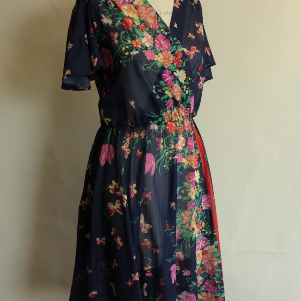 Vintage 1970s Dress, Blue Floral Boho Dress with Butterfly Sleeves, Romantic - Picture 6 of 10